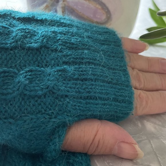 Hand knitted fingerless gloves arm warmers turquoise - Picture 4 of 4